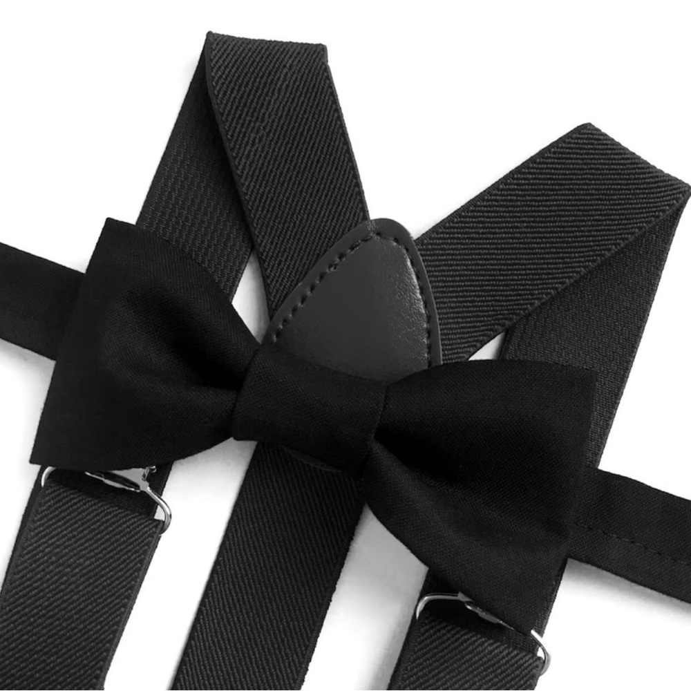 Black Cotton Bow tie with Black Elastic Suspenders